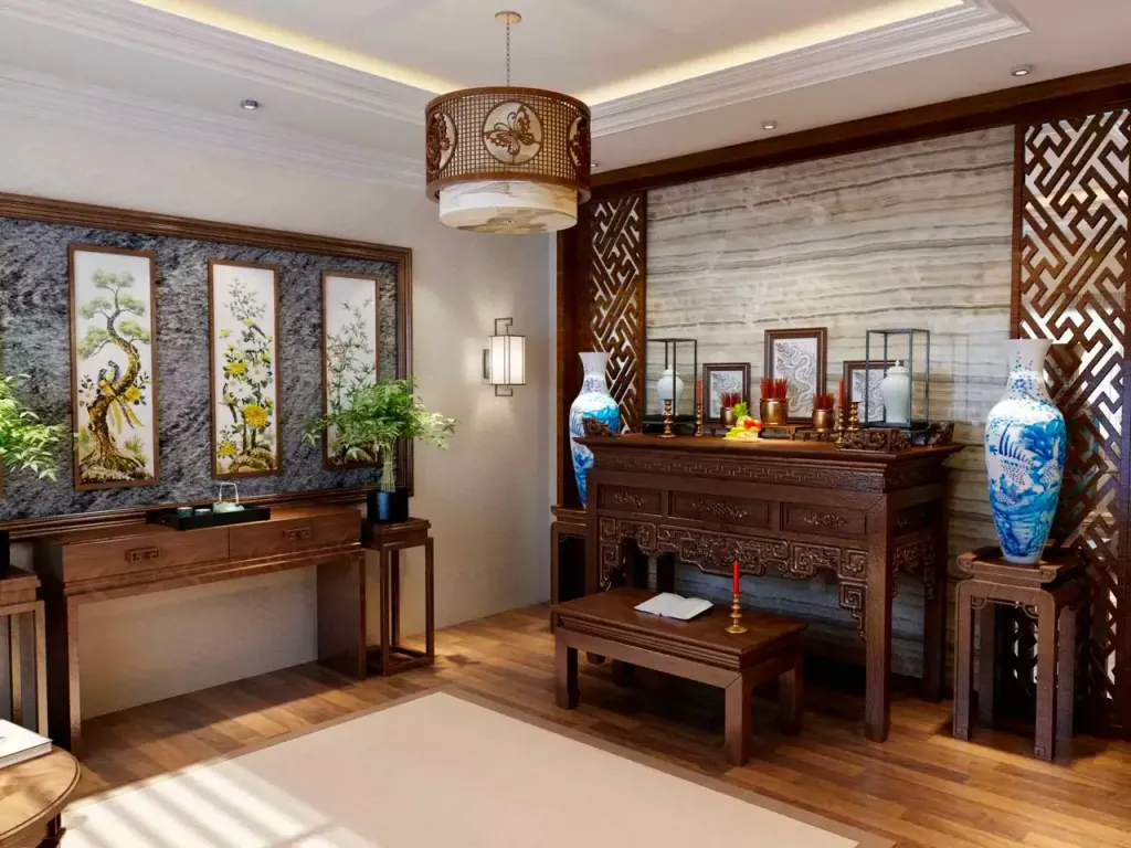 Hình ảnh phòng thờ với phối màu và trang trí chuẩn phong thủy