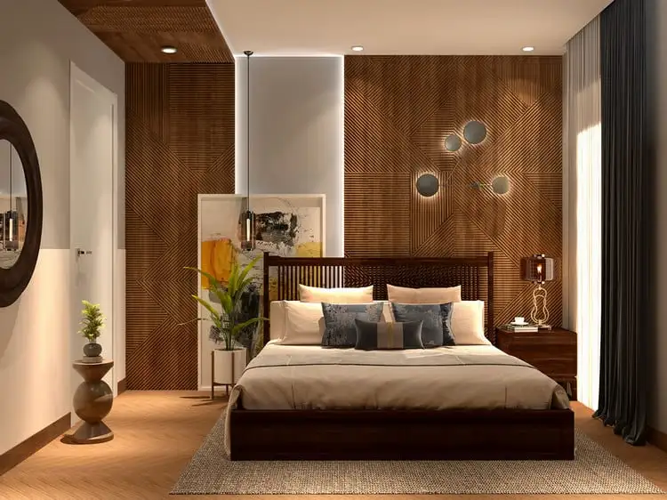 Phong cách vintage với giường gỗ chạm khắc tinh tế và bàn trang điểm cổ điển