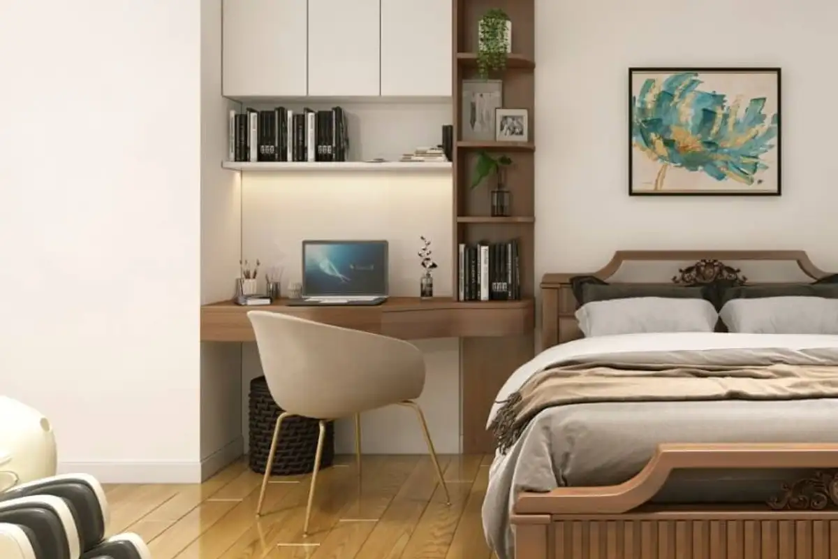 Đặt bàn sau đầu giường để phân chia khu vực