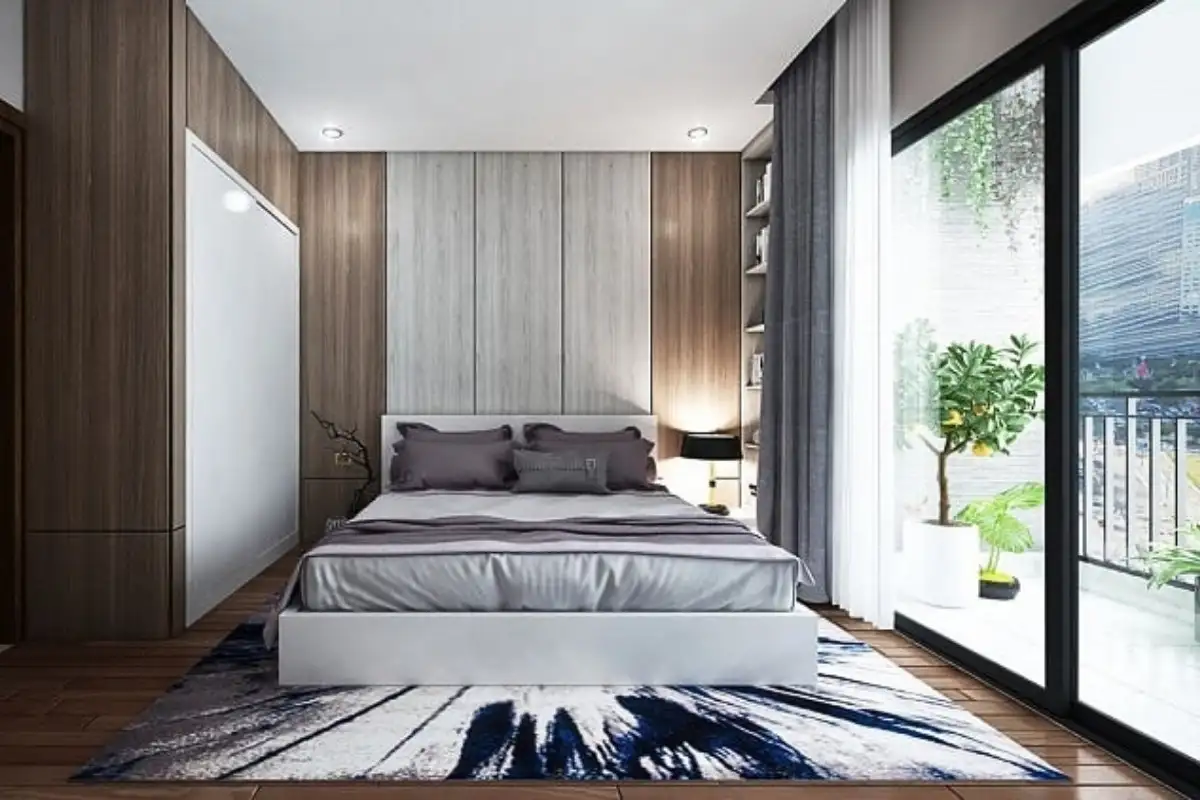 Phòng ngủ 20m2 có ban công hiện đại, gần gũi thiên nhiên