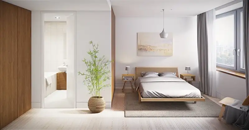 Phòng ngủ 20m2 dùng vách kính, gạch sáng để rộng rãi