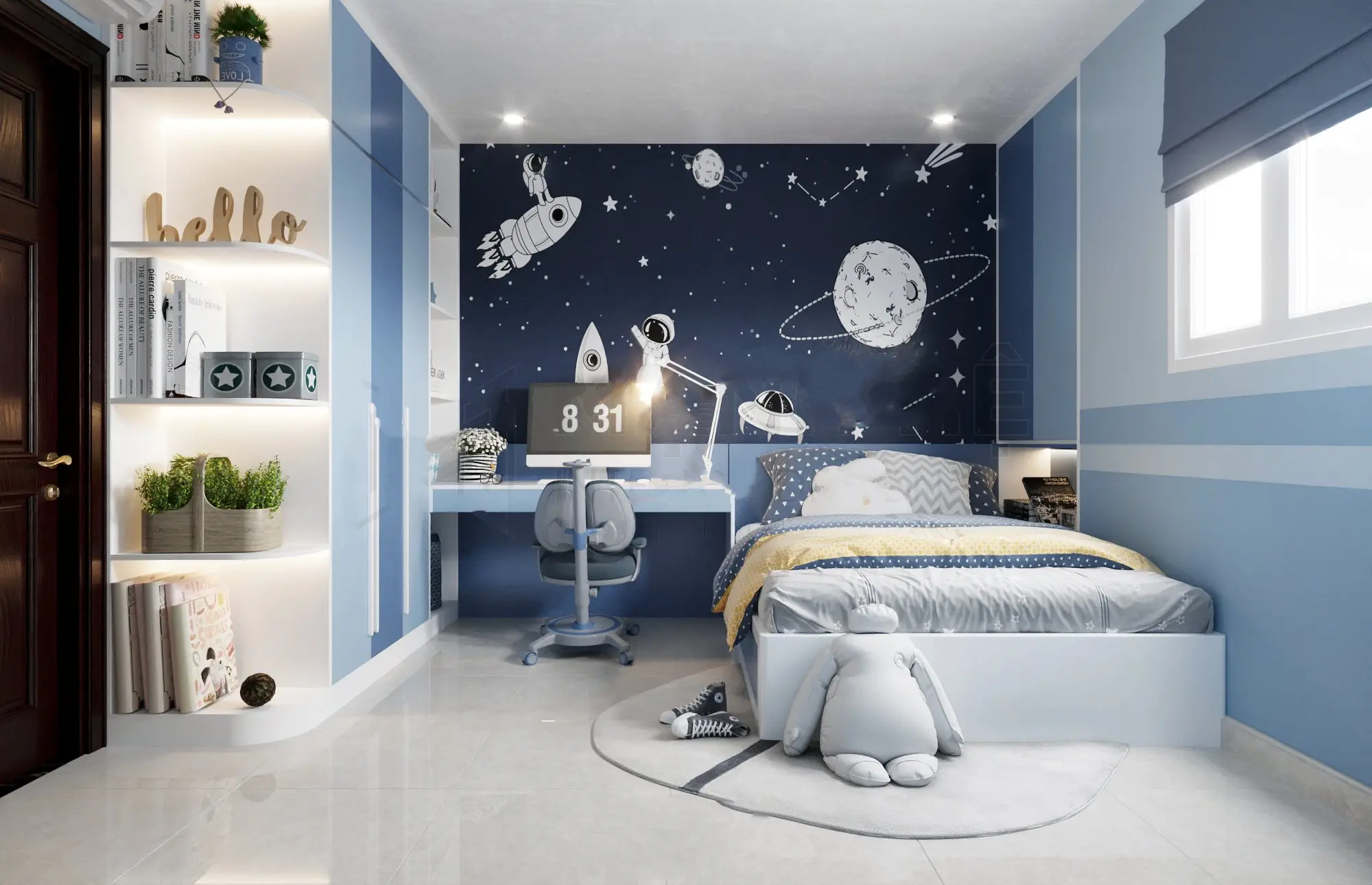 Giường tàu vũ trụ, màu xám bạc hoặc xanh dương và đèn LED