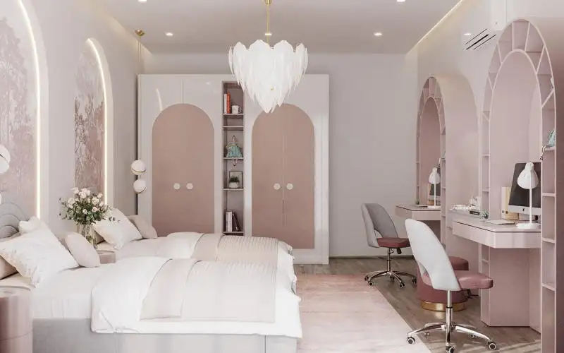 Phòng ngủ màu hồng phấn tạo vibe nữ tính