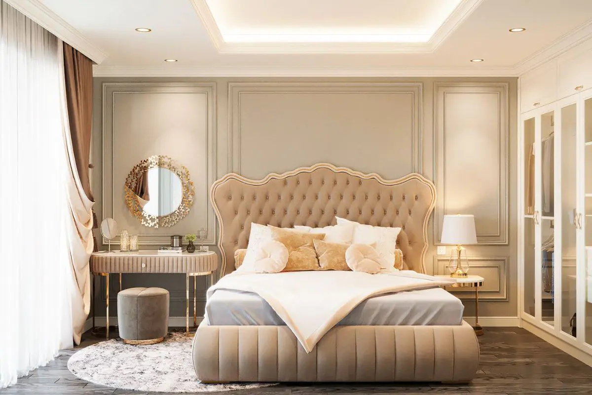 Phong cách cổ điển mang đến sự lãng mạn với nội thất trắng có chi tiết chạm khắc tinh xảo