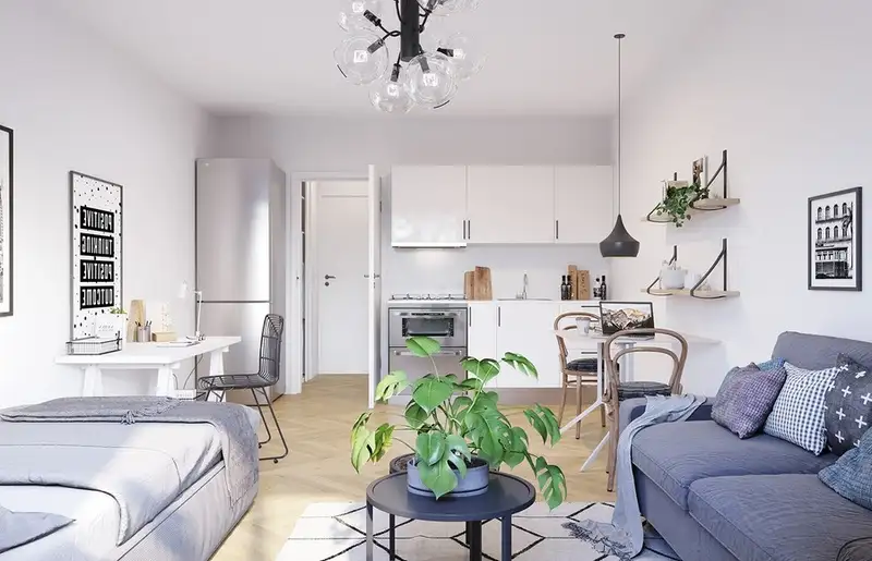 Căn hộ mini diện tích 40m2 kết nối giữa không gian phòng khách và bếp